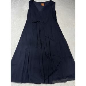 Tory Burch Silk Crepe Sleeveless Lined Midi A-Line Dress In Dark Blue Sz 10